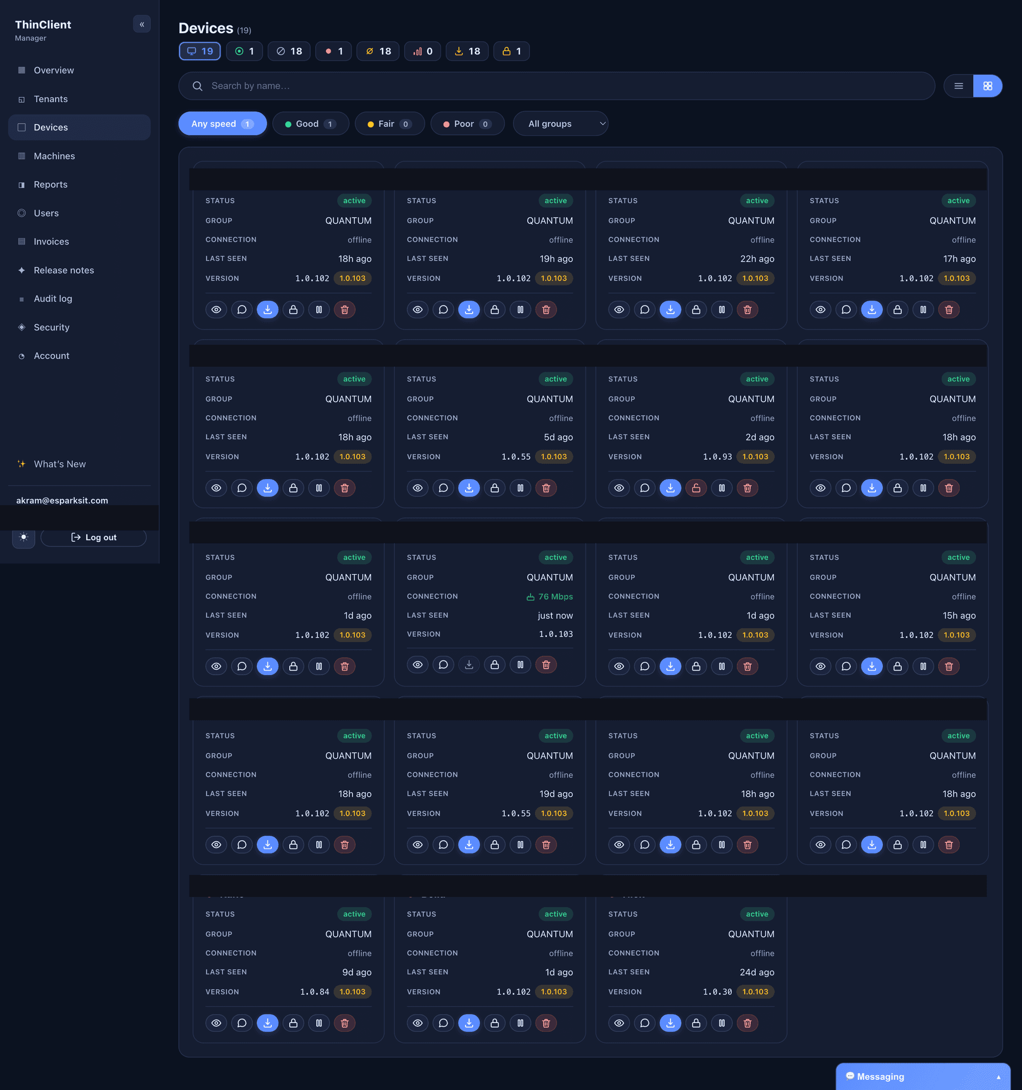 ThinClient Manager devices list showing all 19 fleet devices with live status, connection speed, and version, plus a filterable summary row (online, offline, poor connection, updates pending, locked)