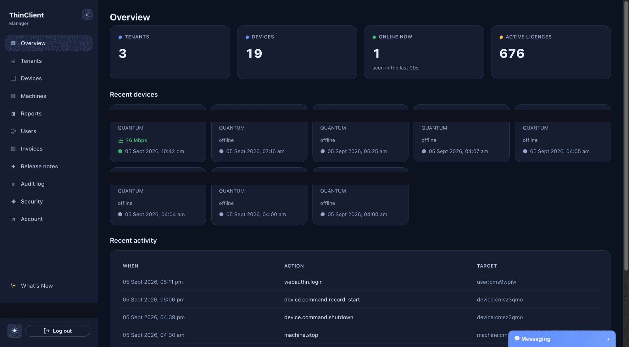 ThinClient Manager overview dashboard showing tenant count, device count, devices online now, active licences, recent devices, and a recent-activity audit log