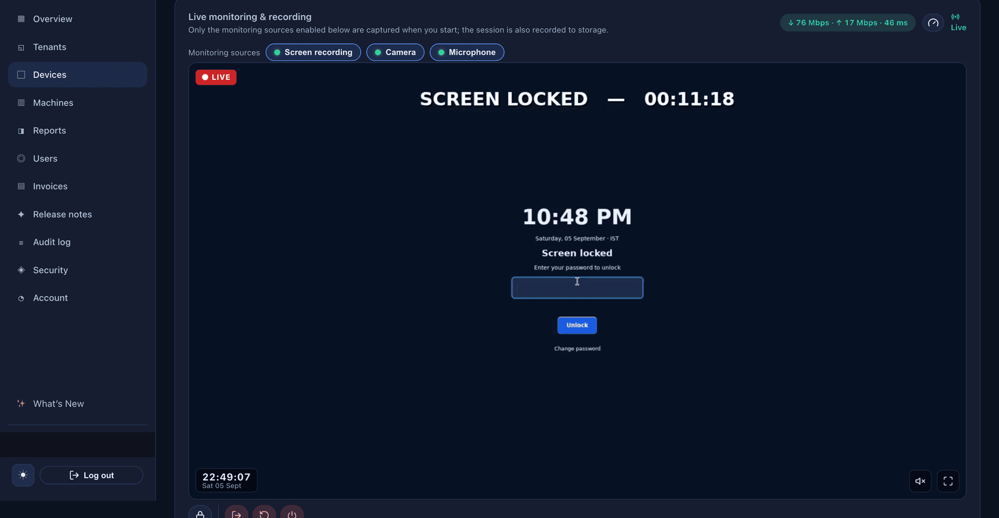 Live device view showing a locked ThinClient OS screen with a real-time connection quality badge (download/upload speed and latency) and an unlock control