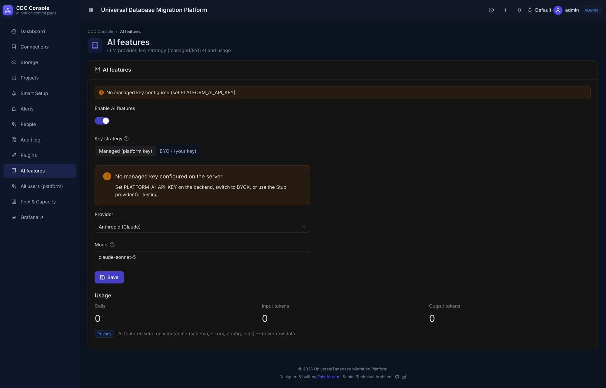 AI features settings page with an enable toggle, a key strategy choice between a managed platform key and bring-your-own-key, an LLM provider and model selection, token usage counters, and a privacy note