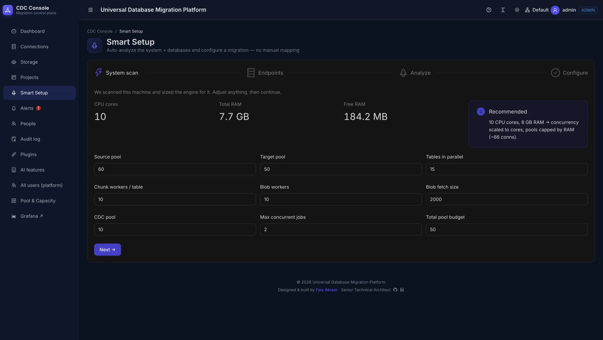 Smart Setup wizard, System scan step: detected CPU cores, total RAM and free RAM, a recommendation panel sizing concurrency to the host, and pre-filled fields for source pool, target pool, tables in parallel, chunk workers, blob workers and CDC pool
